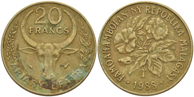 Мадагаскар 20 франков 1988 KM 12 алюминиевая бронза 4141-634