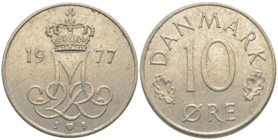 ДАНИЯ 10 ЭРЕ 1977 S; B, МАРГРЕТЕ II (1972-) KM 860.1 медно-никель 116-245