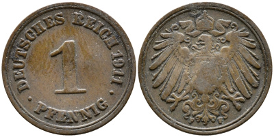 ГЕРМАНИЯ 1 ПФЕННИГ 1911 F KM 10, J. 10 медь 4387-316