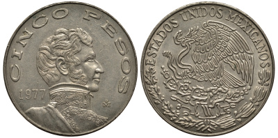 МЕКСИКА 5 ПЕСО 1977 ВИСЕНТЕ ГЕРРЕРО KM 472 медно-никель VF+ 118-1024