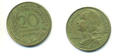 ФРАНЦИЯ 20 САНТИМОВ 1972 KM 930 медь алюминий никель 25-117