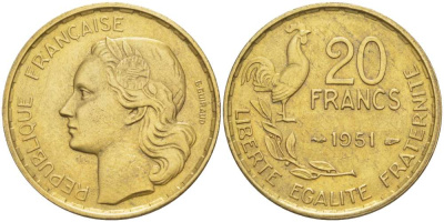 ФРАНЦИЯ 20 ФРАНКОВ 1951 ПЕТУХ, 4 ПЕРА KM 917.1, LE FRANC 402.7 алюминиевая бронза 4519-847