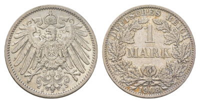 Германия 1 марка 1908 A, Вильгельм II (1888-1918) KM 14, J. 17 серебро 4626-212