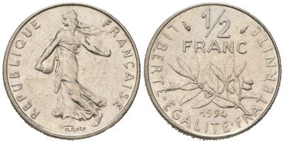 Франция 1/2 франка 1994 KM?931.1, Le Franc 198 медно-никель 4164-1156