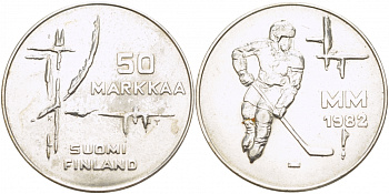 Финляндия 50 марок 1982 K-T, чемпионат мира по хоккею KM 60 серебро UNC 1515-1314