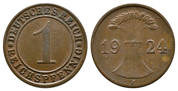 ГЕРМАНИЯ 1 РЕЙХСПФЕННИГ 1924 J KM 37, J.313 бронза 4380-1063