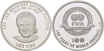 Нидерланды медаль 2004 100 лет FIFA, футбол, Луиш Фигу, диаметр 30 мм., вес 10 гр. серебро PROOF 1076-6-25