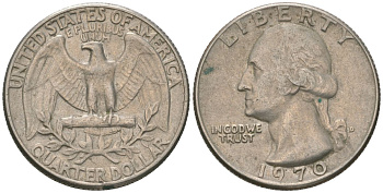США 25 центов = квотер = 1/4 доллара 1970 Вашингтон KM 164a медь плакированная медно-никелем 4561-145