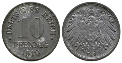 ГЕРМАНИЯ 10 ПФЕННИГОВ 1919 KM 26, J. 299 цинк 4380-222