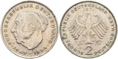 ФРГ 2 марки 1971 D , Теодор Хойс, 20 лет Федеративной Республике (1949-1969) KM A127, J. 407 медно-никель плакированный никелем 4139-146