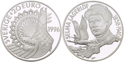 Швеция 20 евро 1996 Карл XVI Густав (1973- ), шведская писательница Сельма Лагерлеф (1858-1940) серебро PROOF 1068-3-44
