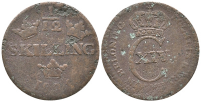 Швеция 1/12 скиллинга 1825 Карл XIV Юхан (1818-1844), REEDED EDGE KM 616 (417) медь 100-1152