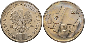 Польша 100 злотых 1984 MW, 40 лет образования Польской Народной Республики Y 151 медно-никель UNC 81-912