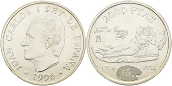 Испания 2000 песет 1996 250 лет со дня рождения Франциско Гойи, в банковской запайке KM 968 серебро UNC 1518-531