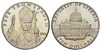 Либерия 10 долларов 2001 Иоанн Павел II KM 643a медно-никель PROOF 443-241