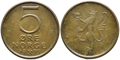 Норвегия 5 эре 1975 Улаф V (1958-1991) KM 415 бронза 4392-1323