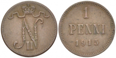 РОССИЯ ДЛЯ ФИНЛЯНДИИ 1 ПЕННИ 1915 НИКОЛАЙ II KM 13, Биткин 475 медь 4396-1448