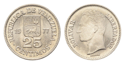 Венесуэла 25 сентимо 1977 Симон Боливар Y 50 никель UNC 4668-1032