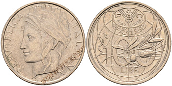 Италия 100 лир 1995 R, FAO, 50 лет организации KM 180 медно-никель 27-215
