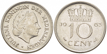 НИДЕРЛАНДЫ 10 ЦЕНТОВ 1963 KM 182 никель 3309-629