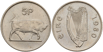 Ирландия 5 пенсов 1980 бык KM 22 медно-никель 4141-312