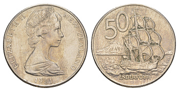 Новая Зеландия 50 центов 1981 Елизавета II (1952-2022), парусник Индевор KM 37 медно-никель 189-811