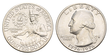 США 25 центов = квотер = 1/4 доллара 1976 S, 200 лет независимости США KM 204a серебро BU 4135-354