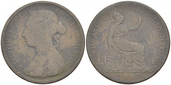 Великобритания 1/2 пенни 1887 Виктория (1837-1901) KM 754, Spink 3956 бронза 77-436