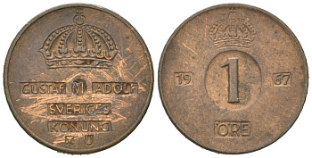 Швеция 1 эре 1967 U, Густав VI Адольф (1950-1973) KM 820 бронза 4618-243