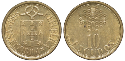 Португалия 10 эскудо 1986 KM 633 никель латунь 4142-1132