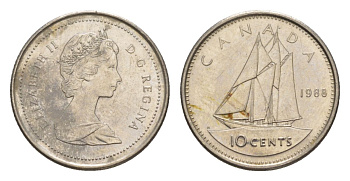 Канада 10 центов 1988 Елизавета II (1952-2022), парусник KM 77 никель 4630-838