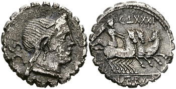 Римская Республика денарий 79 г. до н.э. монетарий Г. Невий Бальб. Рома / Виктория в колеснице, запряженной тройкой лошадей VERY FINE 3,73 ГР Crawf. 382/1b; Syd. 769b серебро 1073-1-8-2