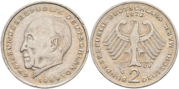 ФРГ 2 марки 1972 G, Конрад Аденауэр KM 124, J. 406 медно-никель плакированный никелем 4137-421