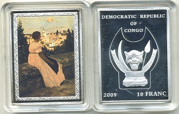 Конго 10 франков 2009 серия шедевры мировой живописи, Фредерик Базиль, розовое платье, серебрение, размер 35Х46 мм., цветная эмаль медно-никель PROOF M43-1