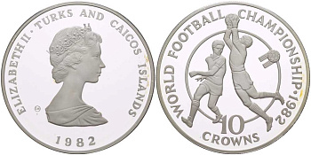 Теркс и Кайкос 10 крон 1982 чемпионат мира по футболу 1982 года в Испании, вратарь и игрок KM 57 серебро PROOF 01-152-32