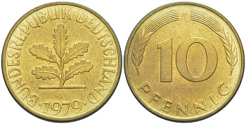 ФРГ 10 ПФЕННИГОВ 1979 F KM 108, J. 383 сталь плакированная латунью 219-525