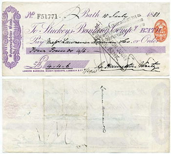 АНГЛИЯ ЧЕК НА 4 ФУНТА 4 ШИЛЛИНГА 6 ПЕНСОВ 1881 ВЫПИСАН 15 ИЮЛЯ 1881, STUCKEYS BANKING COMP. бумага 6262-21-1