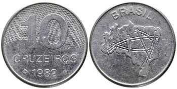 Бразилия 10 крузейро 1982 карта Бразилии KM 592.1 нержавеющая сталь 3336-854