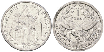 Французская Новая Каледония 1 франк 2012 птица кагу, (IEOM) KM 10, Schoen 10 алюминий 31-334