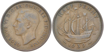 Великобритания 1/2 пенни 1939 Георг VI (1936-1952) KM 844, Spink 4115 бронза 4539-242