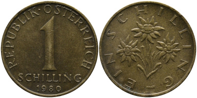 Австрия 1 шиллинг 1980 KM 2886 алюминиевая бронза 33-431