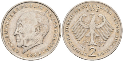 ФРГ 2 марки 1972 G, Конрад Аденауэр KM 124, J. 406 медно-никель плакированный никелем 4137-421