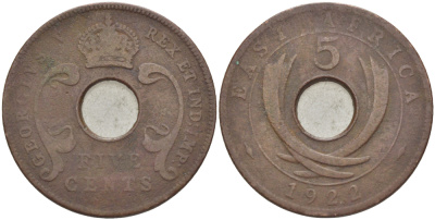 Британская Восточная Африка 5 центов 1922 Георг V (1910-1936) KM 18 бронза 117-124