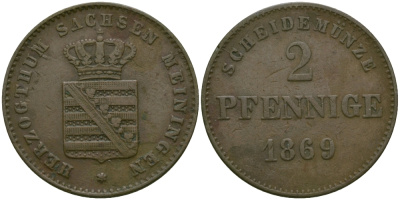 Саксен-Мейнинген 2 пфеннига 1869 Георг II (1866-1914) KM 174, Jaeger 448, AKS 215 медь 99-667