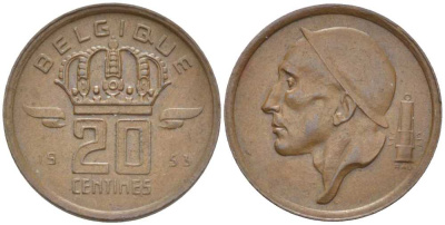 БЕЛЬГИЯ 20 САНТИМОВ 1953 BELGIQUE, БОДУЭН I (1951-1993) KM 146 бронза 116-945
