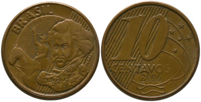 Бразилия 10 сентаво 2006 KM 649, Schon 157 сталь плакированная бронзой 4523-853