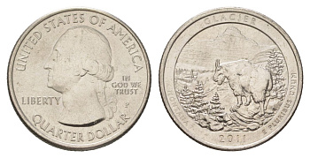 США 25 центов (квотер, 1/4 доллара) 2011 D, Квотеры «Парки США» - Национальный парк Глейшер KM 495 медь плакированный медно-никелем UNC 4629-216