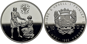 Андорра 10 динеров 1999 серия миллениум, общение с богом KM 159 серебро PROOF 00-000-00