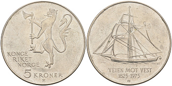 Норвегия 5 крон 1975 150 лет эмиграции в Америку KM 422 медно-никель    4117-434