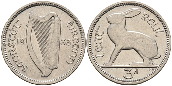 Ирландия 3 пенса 1933 заяц KM 4 никель 4588-1039